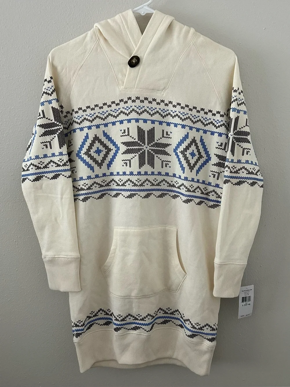 Ralph Lauren Essex Cream Fair Isle Hoodie Tunic Dress Girls Size L Classic NWT